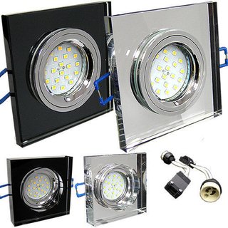 Einbaustrahler CRK klares Glas Spiegel Schwarz Chrom quadrat. LED +GU10 m.Klemme klar, Dicke: 10mm LED RICO 2W warm weiss GU10 230V