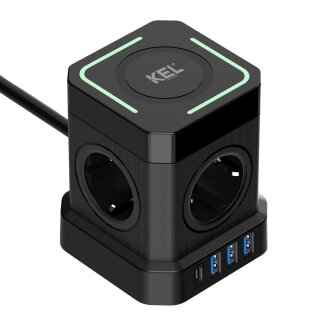 Kompakte SCHUKO Steckdosenleiste mit Qi Wireless Charging 15W, 4×2P+Z, 3×USBA, USBC PD, 4000W