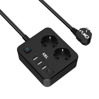 Steckdosenleiste mit 2× SCHUKO sowie USBA und USBC Anschluss, 2m Kabel