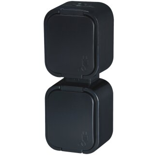 B2 Serie IP54 Aufputz Steckdose Schwarz, VDE, Doppelsteckdose vertikal, 16A, 250V, mit Klappdeckel Schuko