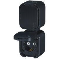 B2 Serie IP54 Aufputz Steckdose Schwarz, VDE, Doppelsteckdose vertikal, 16A, 250V, mit Klappdeckel Schuko