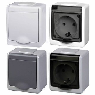 Aufputz Ein- Aus Schalter Doppelschalter Steckdose IP44 Feuchtraum Schuko Pawbol Steckdose 1-Fach Grau Rauchglas