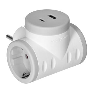 Steckdosenverteiler 2P+E (Schuko) mit 2x USB-Ladeanschlüssen, Schnellladefunktion, weiß-grau