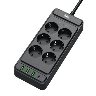 Überspannungsschutz-Steckdosenleiste mit USB  6-Fach,2X USB-A, 1x USB-C, 2m, Schwarz,Schuko