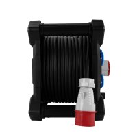 Quadratischer Kabeltrommel‑Verlängerer; 4×CEE + Schutzkontakt; 2×Schuko; IP44; 16A; 400V; H07RN‑F 5×2,5 mm²; 15-25 m; SCHUKO; Schwarz