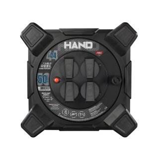 Quadratische Kabeltrommel; 4×Schuko (2P+E); IP44; 16A; H07RN‑F 3×2,5 mm²; 50m,40m,20m; SCHUKO; Schwarz